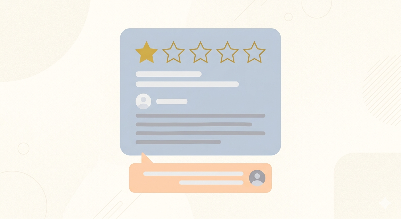 Illustration of a business owner thoughtfully reading a negative Google review on a laptop